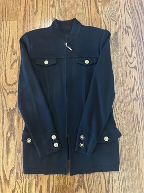 St. John Black Knit Zip-Front Jacket with Gold Buttons